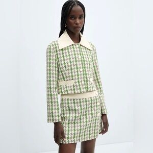 NWT Mango Twiggy Green Cream Black Tweed Blazer Dogtooth White Buttons sz Large